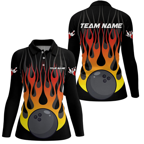 Orange flame Black Bowling Shirts For Women Custom Bowling Team Jerseys with name and team name NQS8812