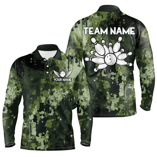 Green Camo  Bowling Polo, Quarter Zip Shirts For Men Custom Bowling Team Jerseys, Gift For Bowlers NQS9058