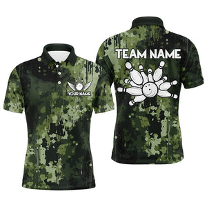 Green Camo  Bowling Polo, Quarter Zip Shirts For Men Custom Bowling Team Jerseys, Gift For Bowlers NQS9058