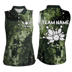 Green Camo Bowling Sleeveless Polo Shirts For Women Custom Bowling Team Jerseys, Gift For Bowlers NQS9058