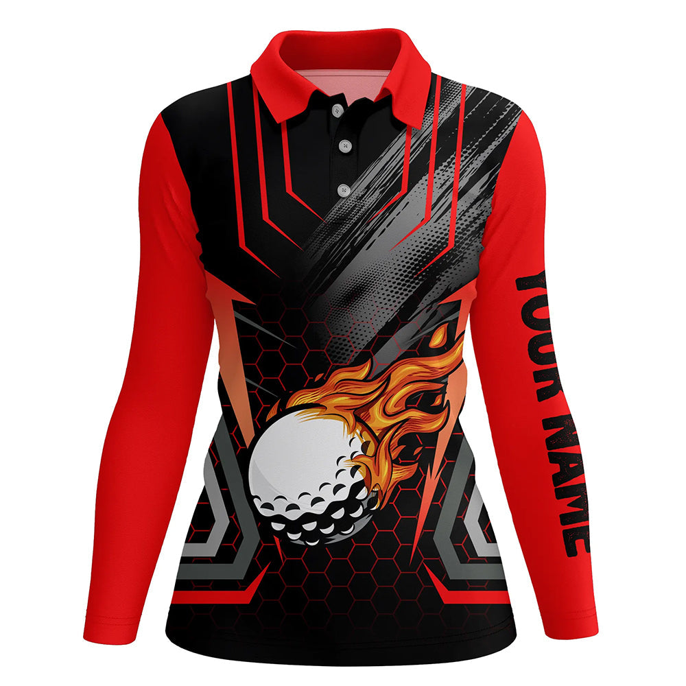 Black and red golf ball fire Womens golf polo shirt custom name golfing gifts, ladies golf tops NQS7087