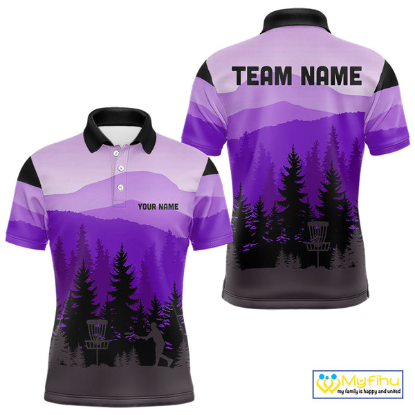 Purple pattern forest Mens Disc golf polo shirts Custom team disc golf jerseys for men NQS10028