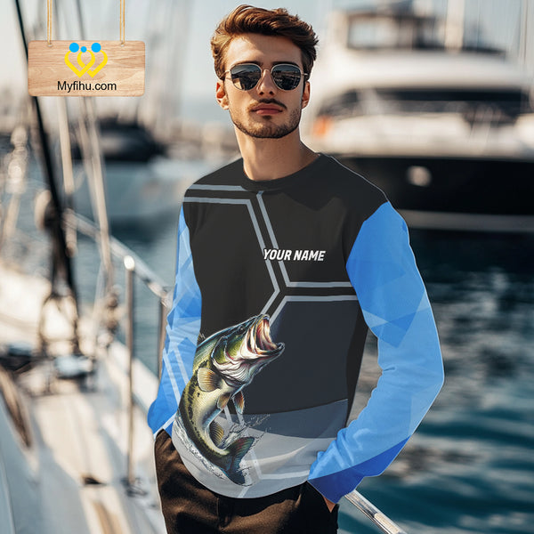 Black and Blue Bass Fishing custom Largemouth Bass Performance Long Sleeve sun protection Shirts NQS10031