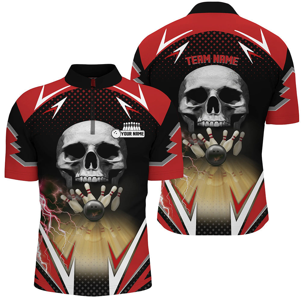 Red and black Bowling skull Quarter Zip shirts for mens custom Bowling ball pins Team League Jerseys NQS6251