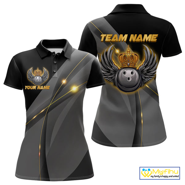 Black and Gold Crown Bowling ball wings Bowling Shirts For Women Custom Bowling Team Outfits NQS10549
