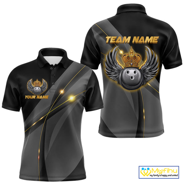 Black and Gold Crown Bowling ball wings Bowling Shirts For Men Custom Bowling Team Outfits NQS10549