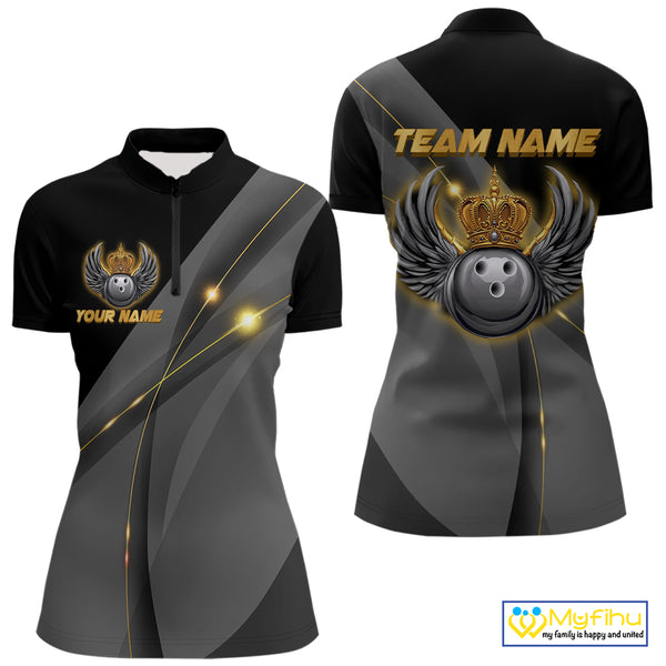 Black and Gold Crown Bowling ball wings Bowling Shirts For Women Custom Bowling Team Outfits NQS10549
