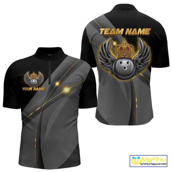 Black and Gold Crown Bowling ball wings Bowling Shirts For Men Custom Bowling Team Outfits NQS10549