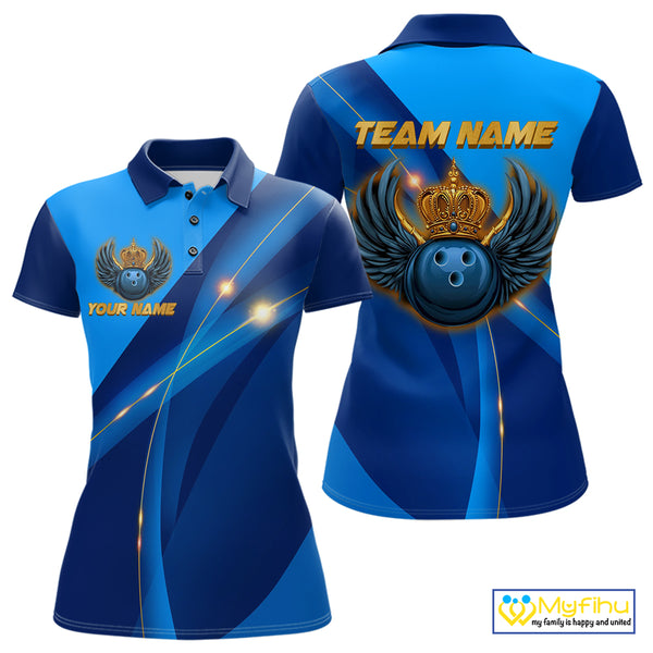 Blue and Gold Crown Bowling ball wings Bowling Shirts For Women Custom Bowling Team Outfits NQS10550