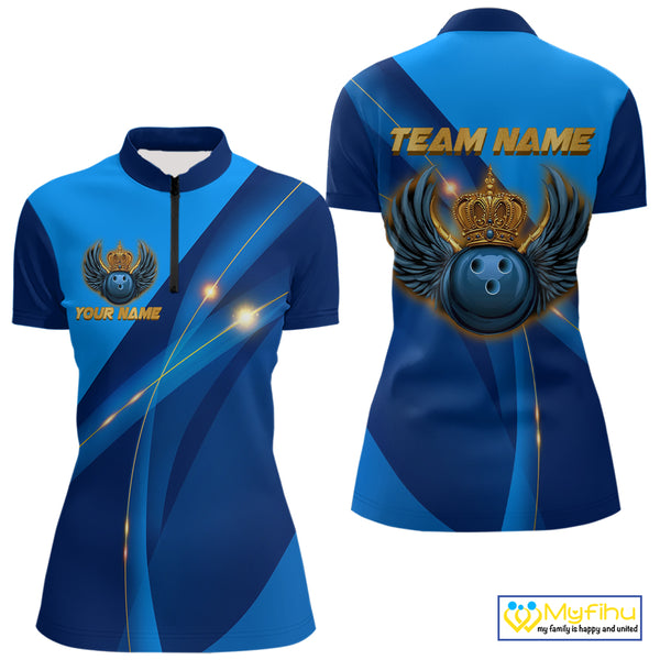 Blue and Gold Crown Bowling ball wings Bowling Shirts For Women Custom Bowling Team Outfits NQS10550