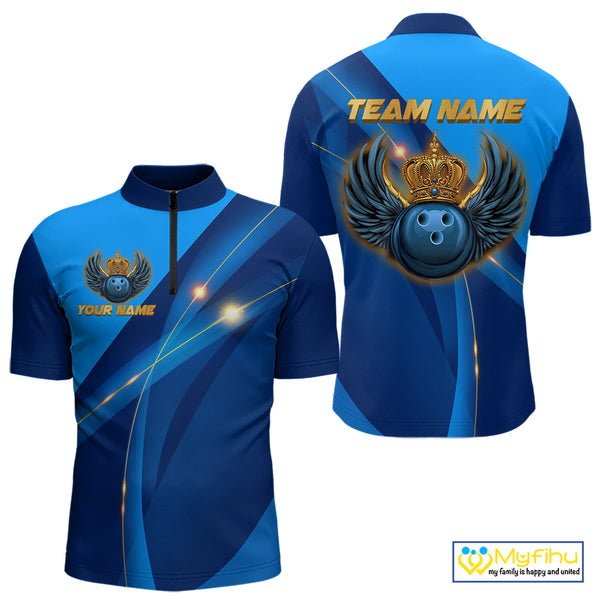 Blue and Gold Crown Bowling ball wings Bowling Shirts For Men Custom Bowling Team Outfits NQS10550