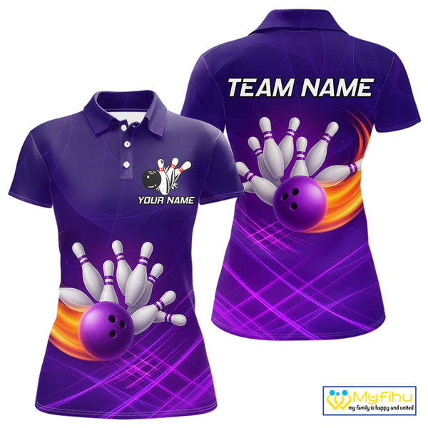 Purple Flame Bowling Polo, Quarter Zip Shirts For Women Custom Team Bowling Jersey Uniform NQS10768
