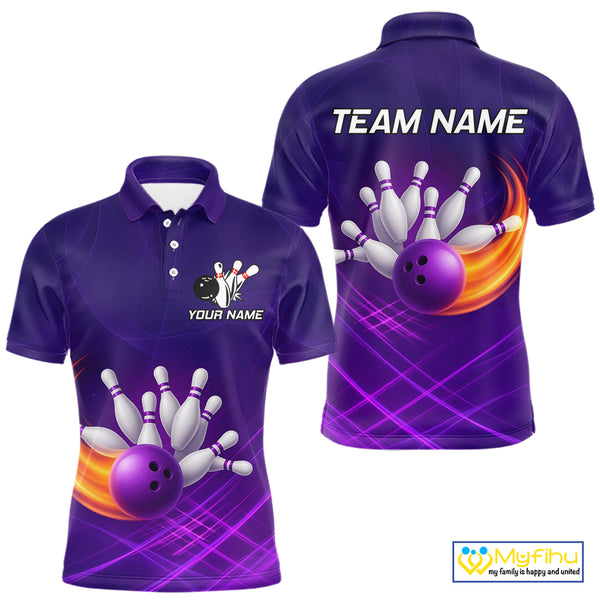 Purple Flame Bowling Polo, Quarter Zip Shirts For Men Custom Team Bowling Jersey Uniform NQS10768