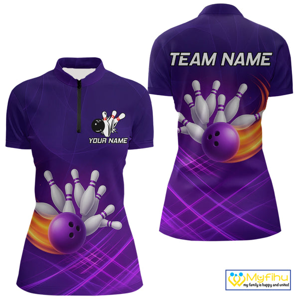 Purple Flame Bowling Polo, Quarter Zip Shirts For Women Custom Team Bowling Jersey Uniform NQS10768