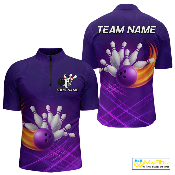 Purple Flame Bowling Polo, Quarter Zip Shirts For Men Custom Team Bowling Jersey Uniform NQS10768