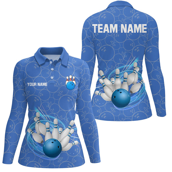 Blue Camo Bowling Polo, Quarter Zip Shirts For Women Custom Bowling Team League Uniform Jerseys NQS8819