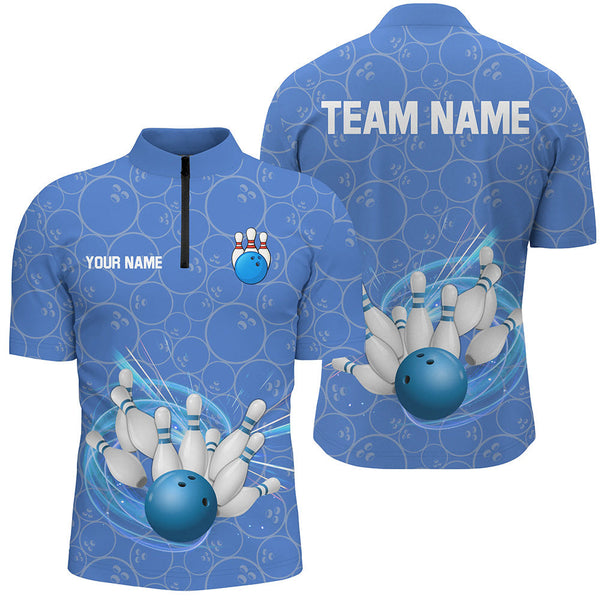 Blue Camo Bowling Polo, Quarter Zip Shirts For Men Custom Bowling Team League Uniform Jerseys NQS8819