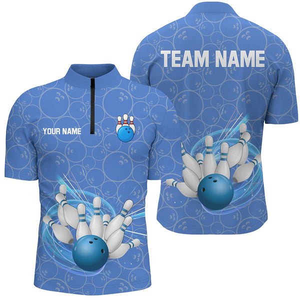 Blue Camo Bowling Polo, Quarter Zip Shirts For Men Custom Bowling Team League Uniform Jerseys NQS8819