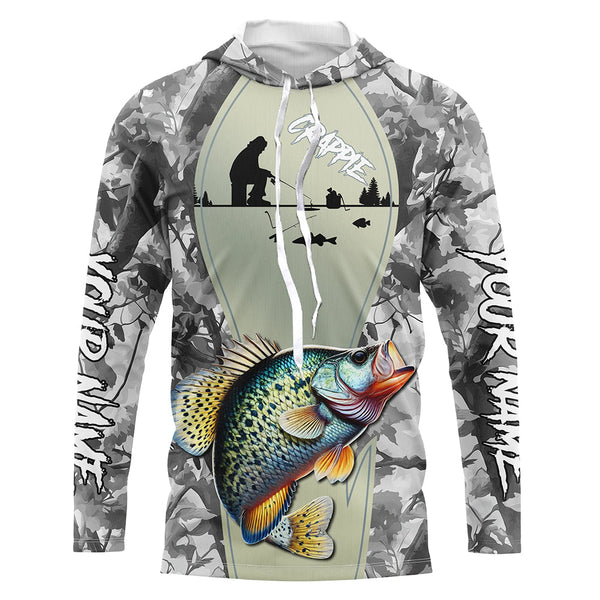 Personalized Winter camo Crappie Ice Fishing Shirts Custom Team Crappie Long Sleeve Fishing Jersey NQS9288
