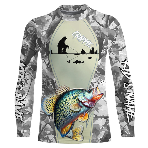 Personalized Winter camo Crappie Ice Fishing Shirts Custom Team Crappie Long Sleeve Fishing Jersey NQS9288