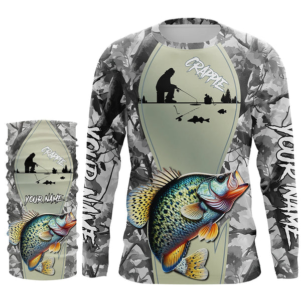 Personalized Winter camo Crappie Ice Fishing Shirts Custom Team Crappie Long Sleeve Fishing Jersey NQS9288