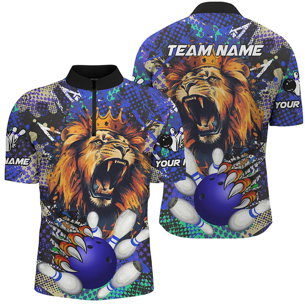 Blue Camo Lion roar Bowling Polo, Quarter Zip Shirts for Men Custom Lion Bowling Team jerseys NQS9293