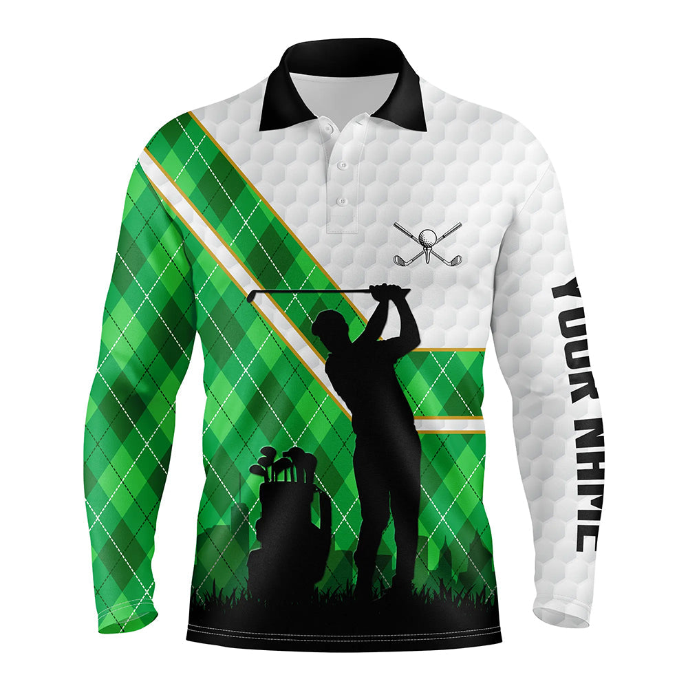 Green argyle pattern white golf ball Mens golf polo shirts custom golfing gifts, best mens golf tops NQS7090
