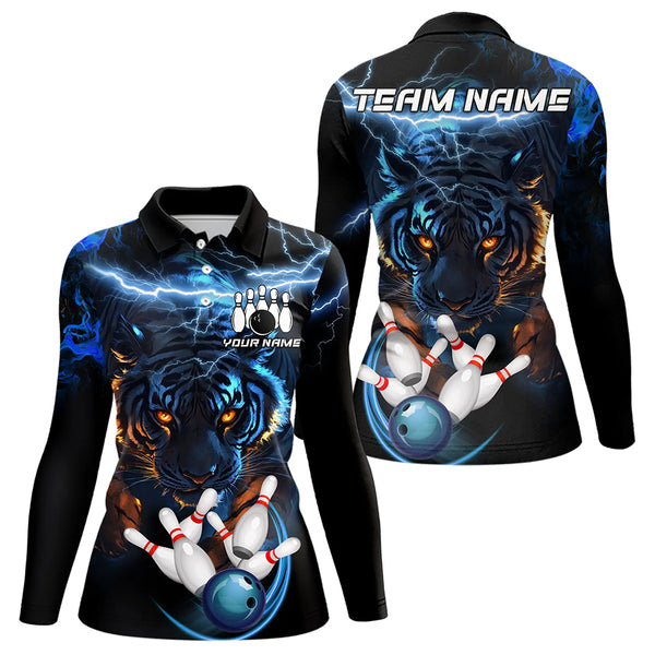 Personalized Blue Lightning Thunder Storm Tiger Bowling Shirts For Women Custom Bowling Team Jerseys NQS9466