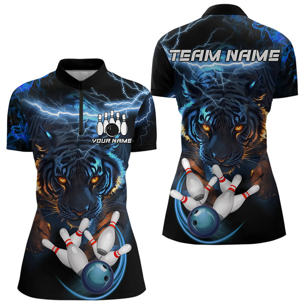 Personalized Blue Lightning Thunder Storm Tiger Bowling Shirts For Women Custom Bowling Team Jerseys NQS9466