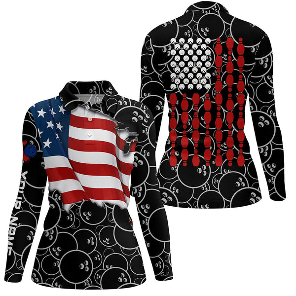 American Flag black camo Bowling Shirt for Women Custom Polo, Quarter Zip shirt, Team Patriots Bowlers NQS7705