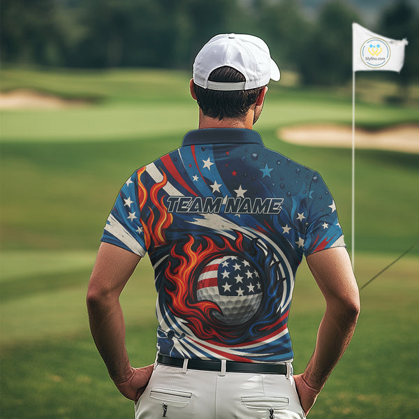 American Flag pattern Flame golf ball Mens Golf polo shirts Custom patriotic Golf Outfit For Mens NQS10038