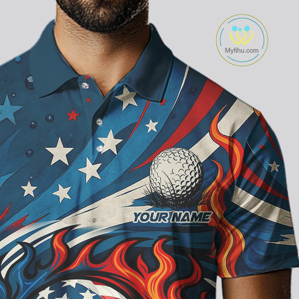 American Flag pattern Flame golf ball Mens Golf polo shirts Custom patriotic Golf Outfit For Mens NQS10038