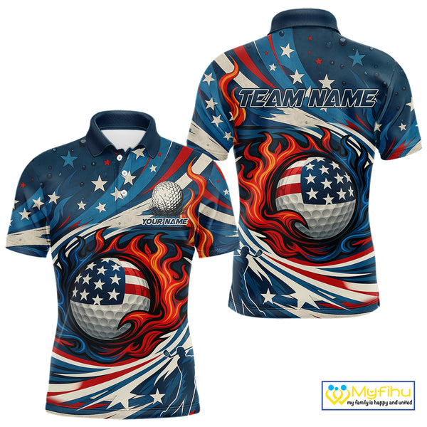 American Flag pattern Flame golf ball Mens Golf polo shirts Custom patriotic Golf Outfit For Mens NQS10038