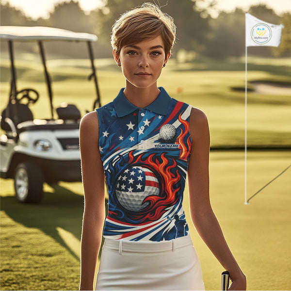 American Flag pattern Flame golf ball Sleeveless Golf polo shirts Custom patriotic women Golf Outfit NQS10038