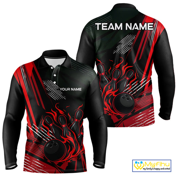 Black and Red Flame Bowling Polo, Quarter Zip Shirts For Men Custom Bowling Outfit Team Jerseys NQS10192