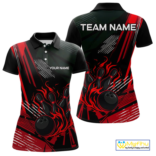 Black and Red Flame Bowling Polo, Quarter Zip Shirts For Women Custom Bowling Outfit Team Jerseys NQS10192