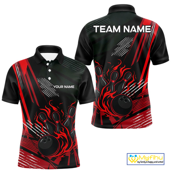 Black and Red Flame Bowling Polo, Quarter Zip Shirts For Men Custom Bowling Outfit Team Jerseys NQS10192