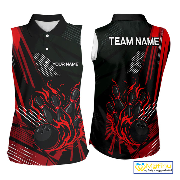 Black and Red Flame Bowling sleeveless polo Shirts Custom Bowling Outfit Team Jerseys NQS10192