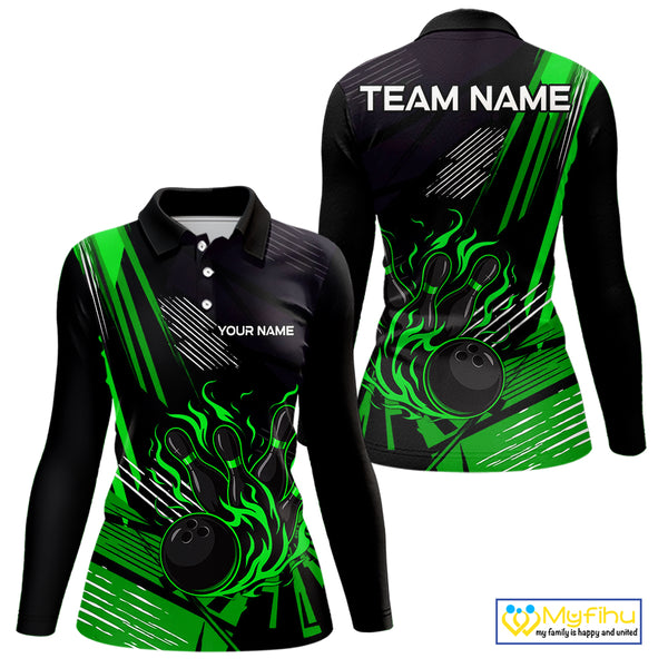 Black and Green Flame Bowling Polo, Quarter Zip Shirts For Women Custom Bowling Outfit Team Jerseys NQS10193