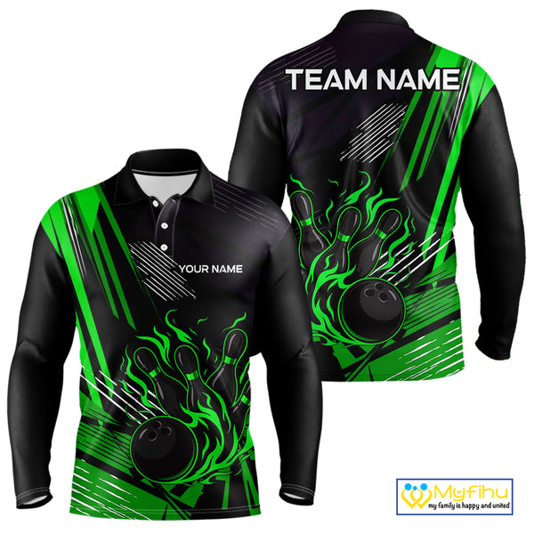 Black and Green Flame Bowling Polo, Quarter Zip Shirts For Men Custom Bowling Outfit Team Jerseys NQS10193