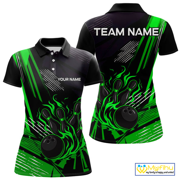 Black and Green Flame Bowling Polo, Quarter Zip Shirts For Women Custom Bowling Outfit Team Jerseys NQS10193