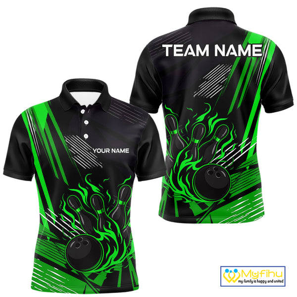 Black and Green Flame Bowling Polo, Quarter Zip Shirts For Men Custom Bowling Outfit Team Jerseys NQS10193