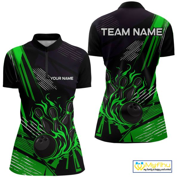 Black and Green Flame Bowling Polo, Quarter Zip Shirts For Women Custom Bowling Outfit Team Jerseys NQS10193