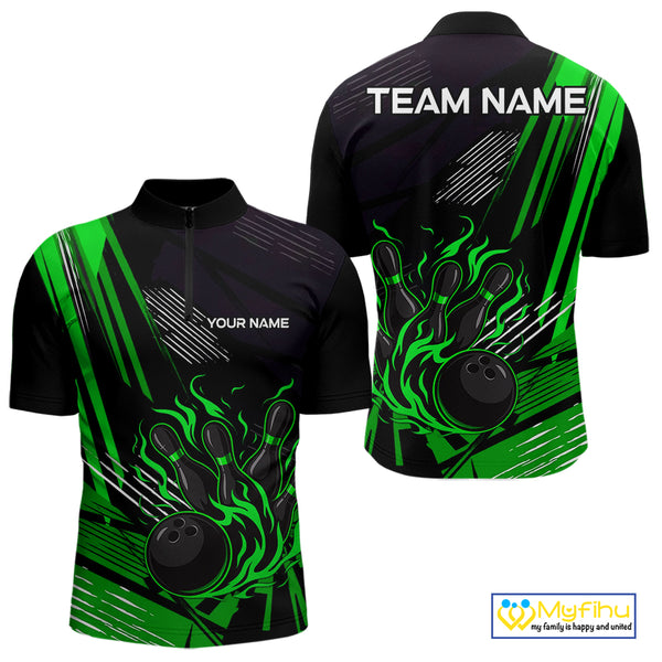 Black and Green Flame Bowling Polo, Quarter Zip Shirts For Men Custom Bowling Outfit Team Jerseys NQS10193