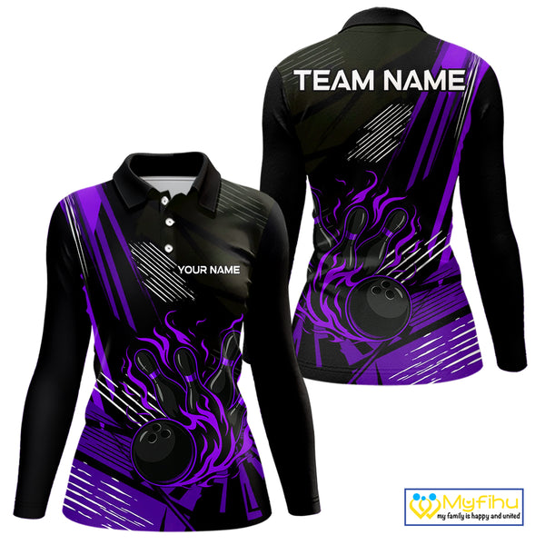Black and Purple Flame Bowling Polo, Quarter Zip Shirts For Women Custom Bowling Outfit Team Jerseys NQS10194