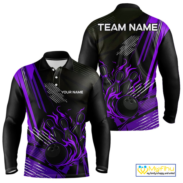 Black and Purple Flame Bowling Polo, Quarter Zip Shirts For Men Custom Bowling Outfit Team Jerseys NQS10194