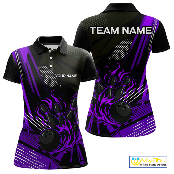 Black and Purple Flame Bowling Polo, Quarter Zip Shirts For Women Custom Bowling Outfit Team Jerseys NQS10194