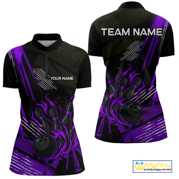 Black and Purple Flame Bowling Polo, Quarter Zip Shirts For Women Custom Bowling Outfit Team Jerseys NQS10194