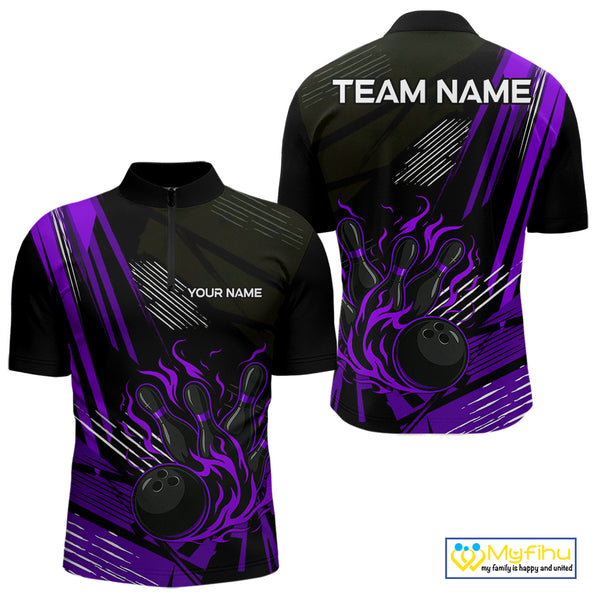 Black and Purple Flame Bowling Polo, Quarter Zip Shirts For Men Custom Bowling Outfit Team Jerseys NQS10194