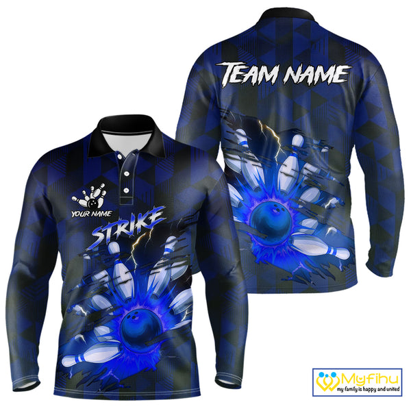 Blue Camo strike Men's Bowling Polo, Quarter Zip Shirt Custom Team Bowling jersey, gift for bowler NQS10343